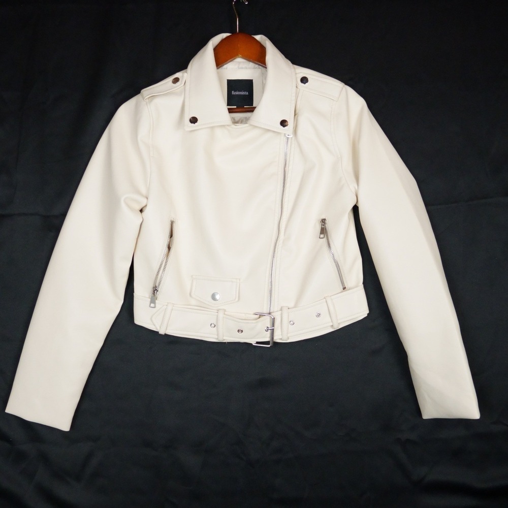 Fusionista Moto Jacket Womens M White Faux Leather Biker Cropped Vegan